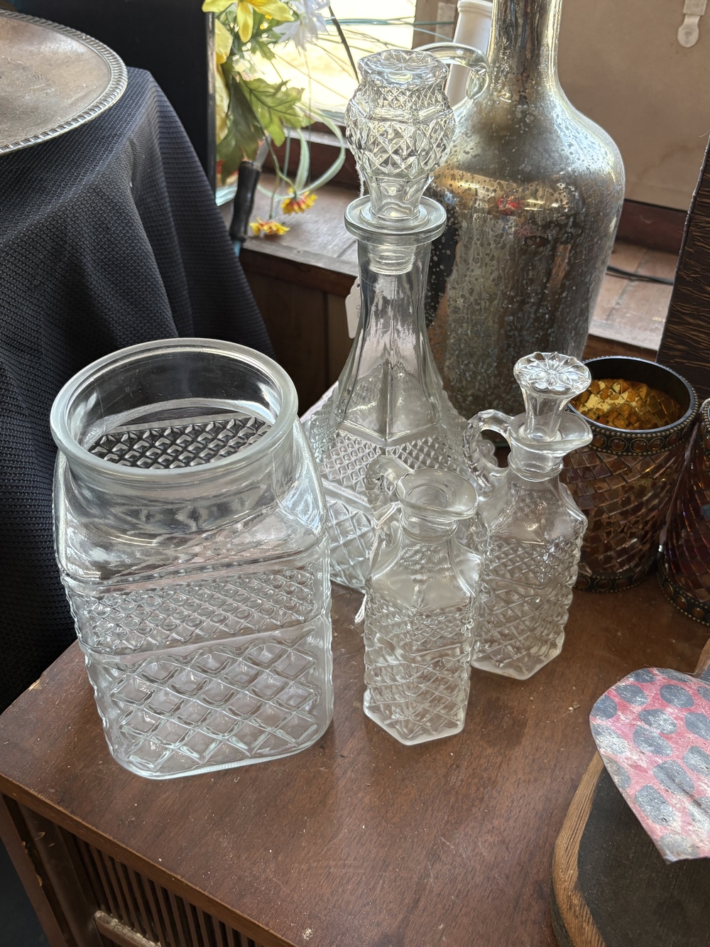 Vintage Pressed Glass Decanter & Canister Set - Clear